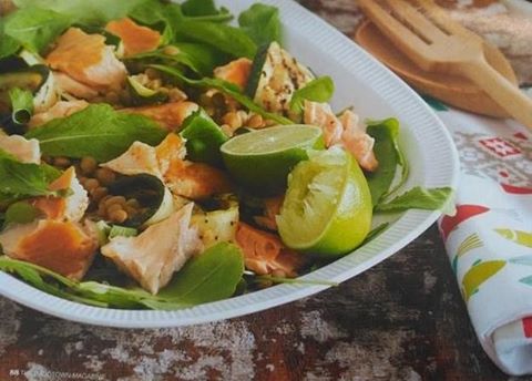 Hot Smoked Salmon, Lentil, Grilled Courgette & Rocket Salad with Lime Aioli