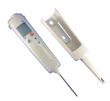 Compliant food probe thermometer with protective clip
